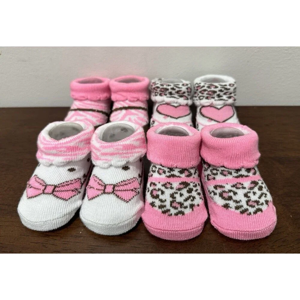 Wee Tots 4 pack baby girl socks size 0-12 months white pink brown colors